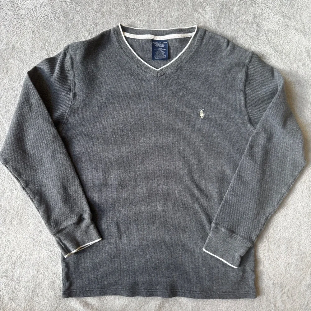 Polo Ralph‎ Lauren Mens Grey Waffle Knit Thermal V-Neck Sleepwear Shirt Large L